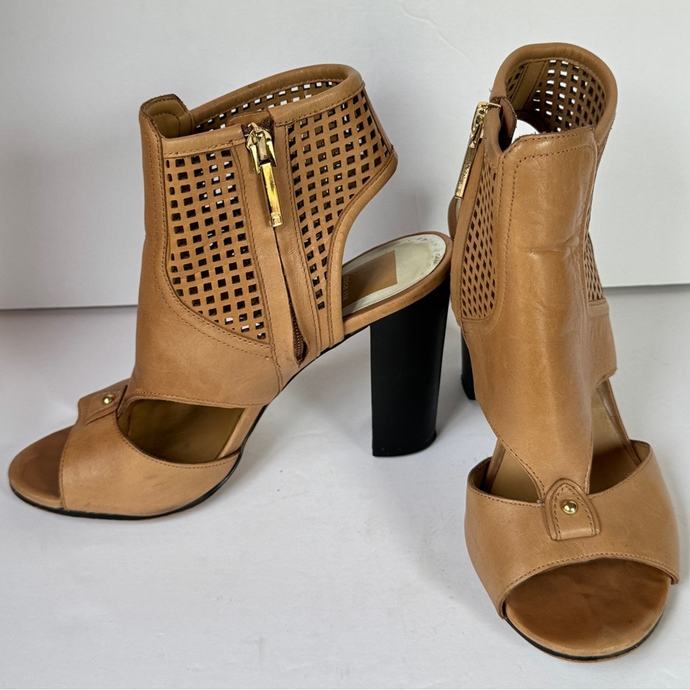 DOLCE VITA Shoes Womens 8 Brown Leather Zip Up Open Toe Ankle Booties Perforated
